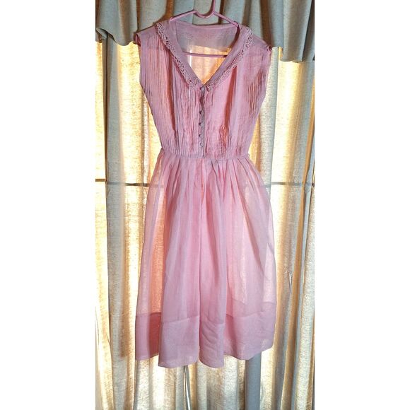 R&K Original 50s Pale Pink Sheer Gauze Cotton Chelsea Collar Pearl Button Smock - Picture 1 of 12